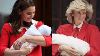 Kate, dopo la nascita del Royal Baby 3, e lady D, con Harry in braccio (LaPresse/Ansa)
