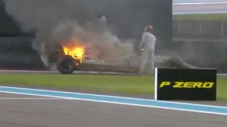 Raikkonen's Alfa Romeo on fire (still from Formula 1 Twitter video)